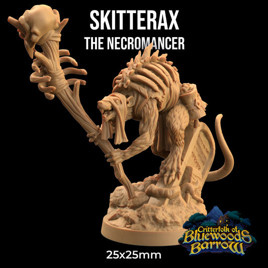 An evil looking necromantic ratfolk D&D miniature. Standing upon a fallen gravestone on a 25mm diameter round base.