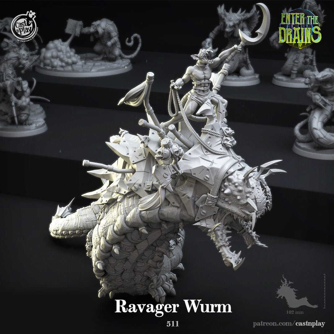 Ravager Wurm and Rider | RPG Miniature for Dungeons and Dragons|Pathfinder|Tabletop | Monster Miniature | Cast N Play