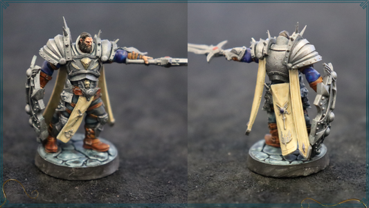 A front and back view of a paladin D&D miniature used to represent Morgan in the UK D&D actual play series, Natural Six.