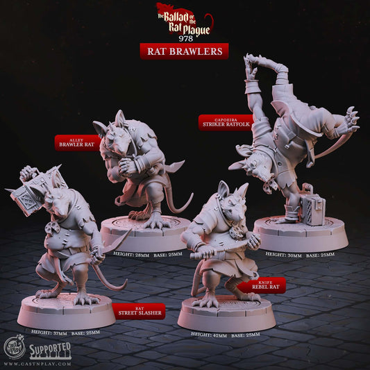 A collection of 4 ratfolk D&D miniatures. In various poses and displayed on 25mm diameter round bases.