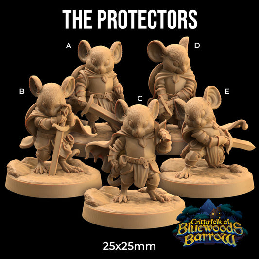 A collection of heroic mousefolk knight D&D miniatures. In 5 separate poses, each displayed on 25mm diameter round bases.