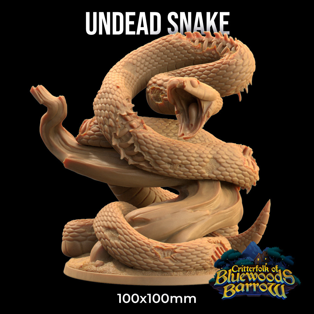 A large undead snake D&D miniature. Displayed coiled to strike, with mouth agape and on a 100mm round base.