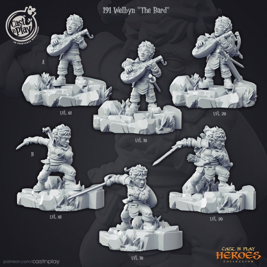 Welbyn the Halfling Bard | RPG Miniature for Dungeons and Dragons|Pathfinder|Tabletop Wargaming | Halfling Miniature | Cast N Play