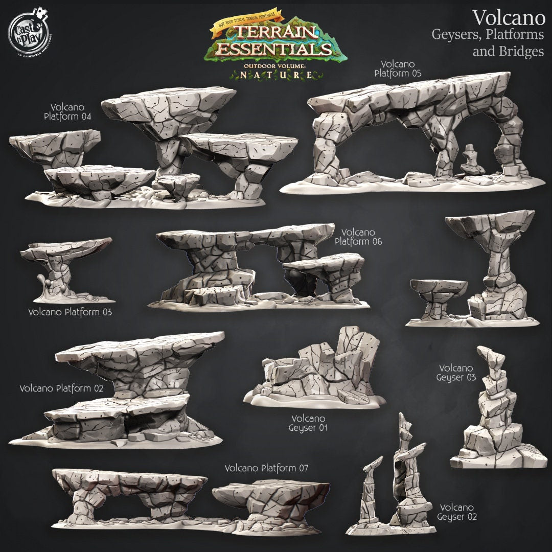 Volcano Geysers, Platforms and Bridges | RPG Miniature for Dungeons and Dragons|Pathfinder|Tabletop | Scatter Terrain | Cast N Play