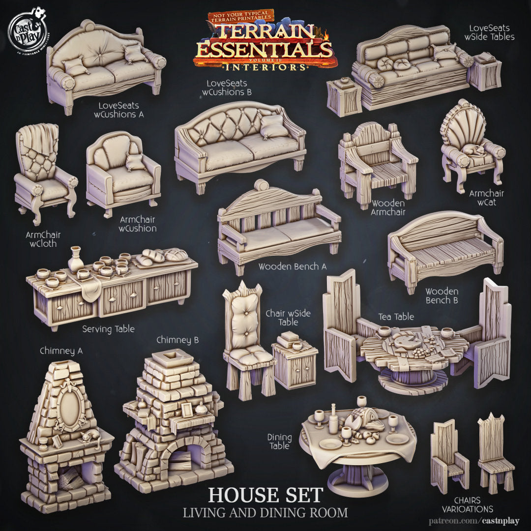 Living and Dining Room Furniture | Housing Terrain | RPG Miniature for Dungeons and Dragons | Scatter Terrain | Cast N Play