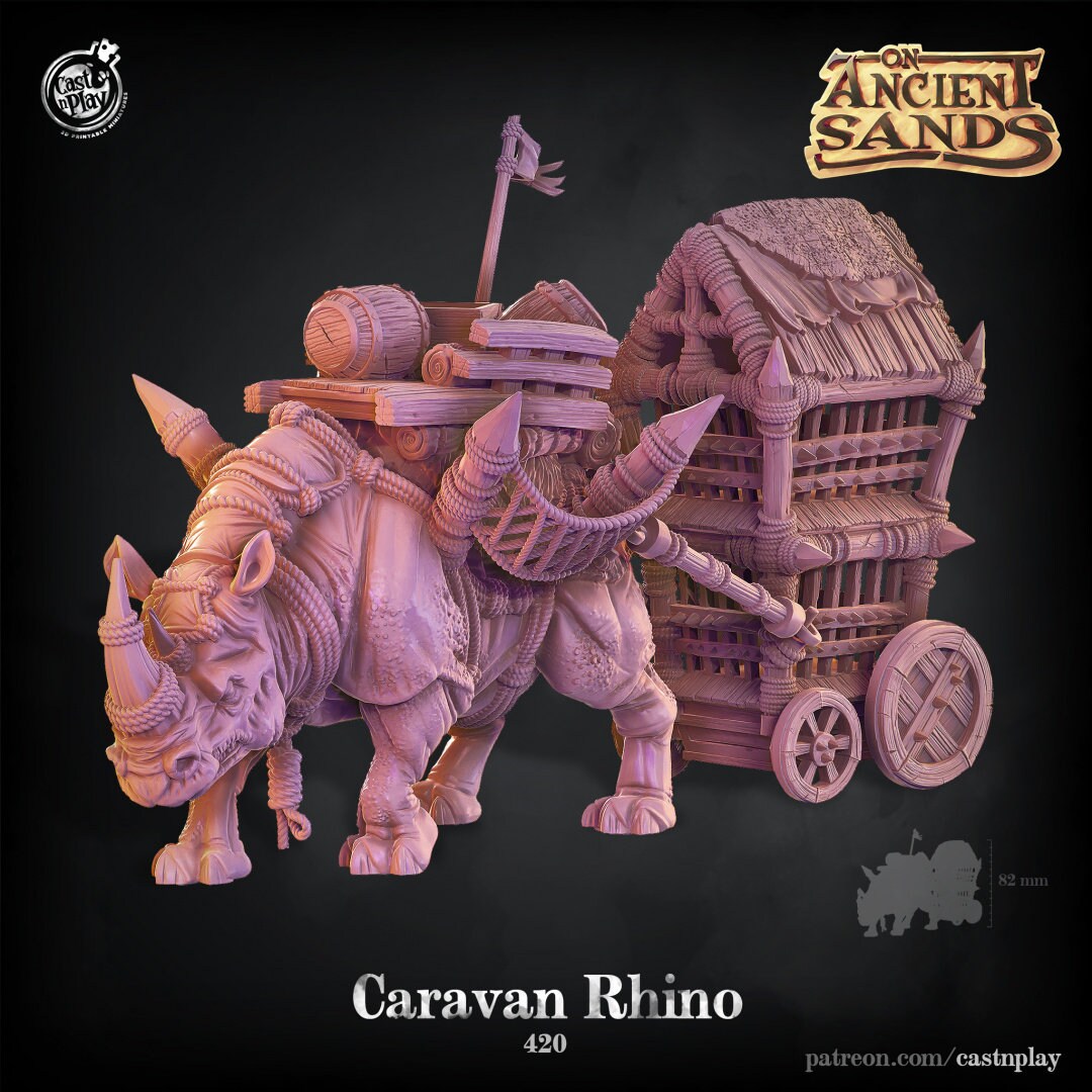 Caravan Rhino | RPG Miniature for Dungeons and Dragons|Pathfinder|Tabletop Wargaming | Beast Miniature | Cast N Play