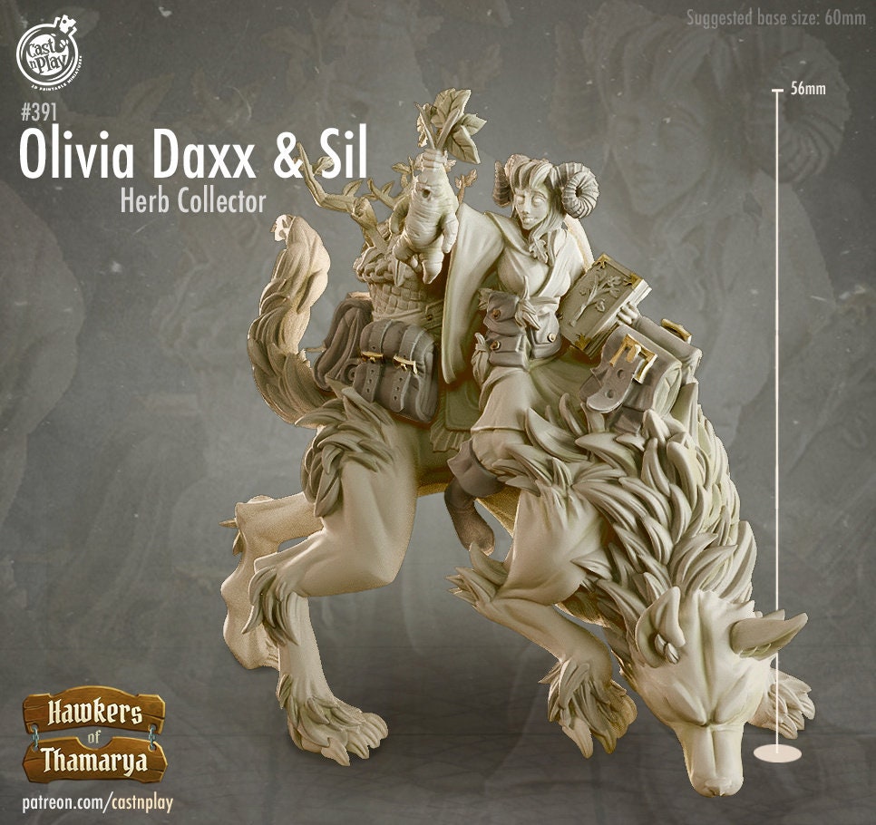 Olivia Daxx & Sil (Herb Collector) | RPG Miniature for Dungeons and Dragons|Pathfinder|Tabletop Wargaming | Mounted Miniature | Cast N Play