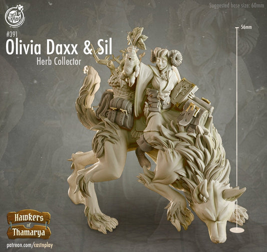 Olivia Daxx & Sil (Herb Collector) | RPG Miniature for Dungeons and Dragons|Pathfinder|Tabletop Wargaming | Mounted Miniature | Cast N Play