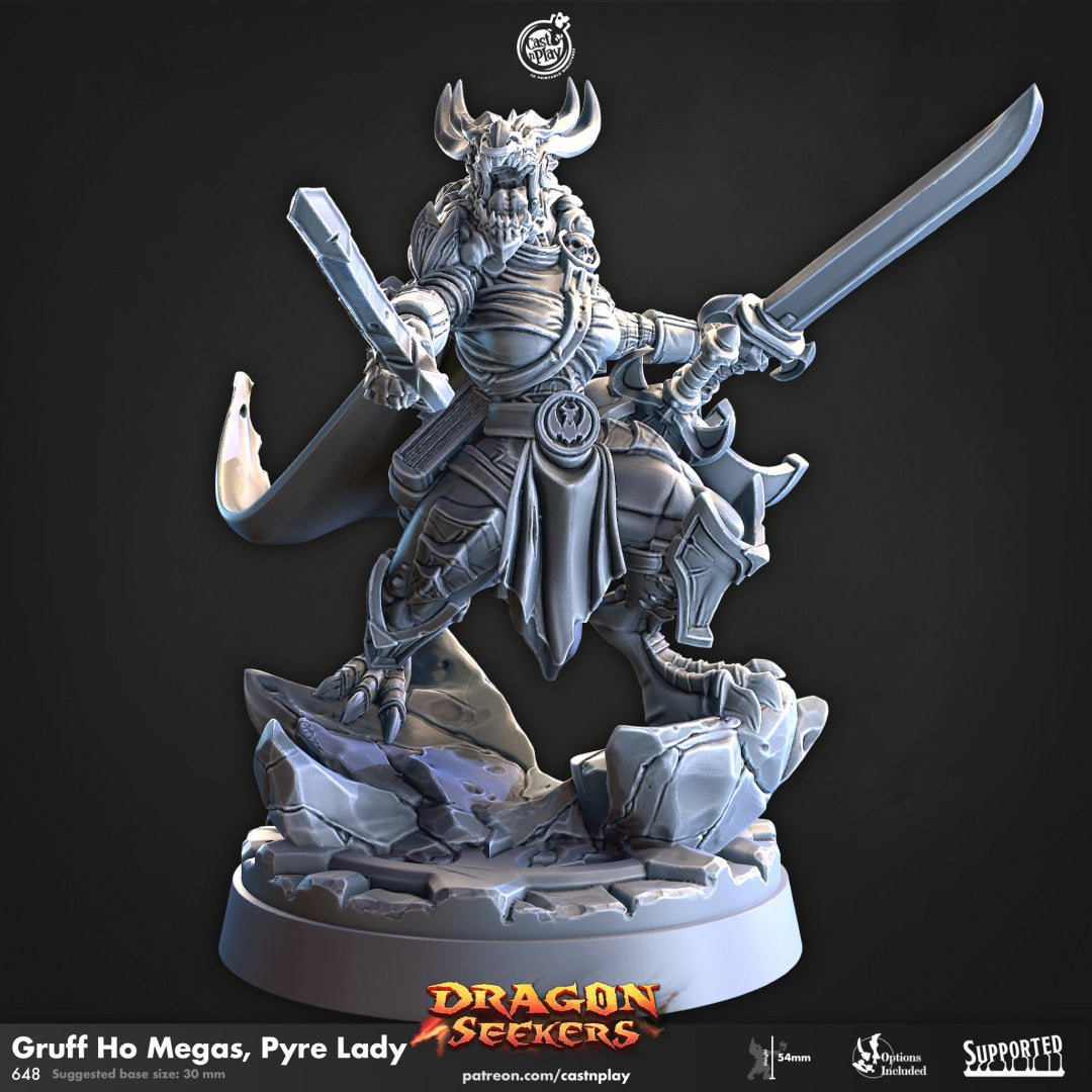 Gruff Ho Megas, Pyre Lady | RPG Miniature for Dungeons and Dragons|Pathfinder|Tabletop Wargaming | Dragonborn Miniature | Cast N Play