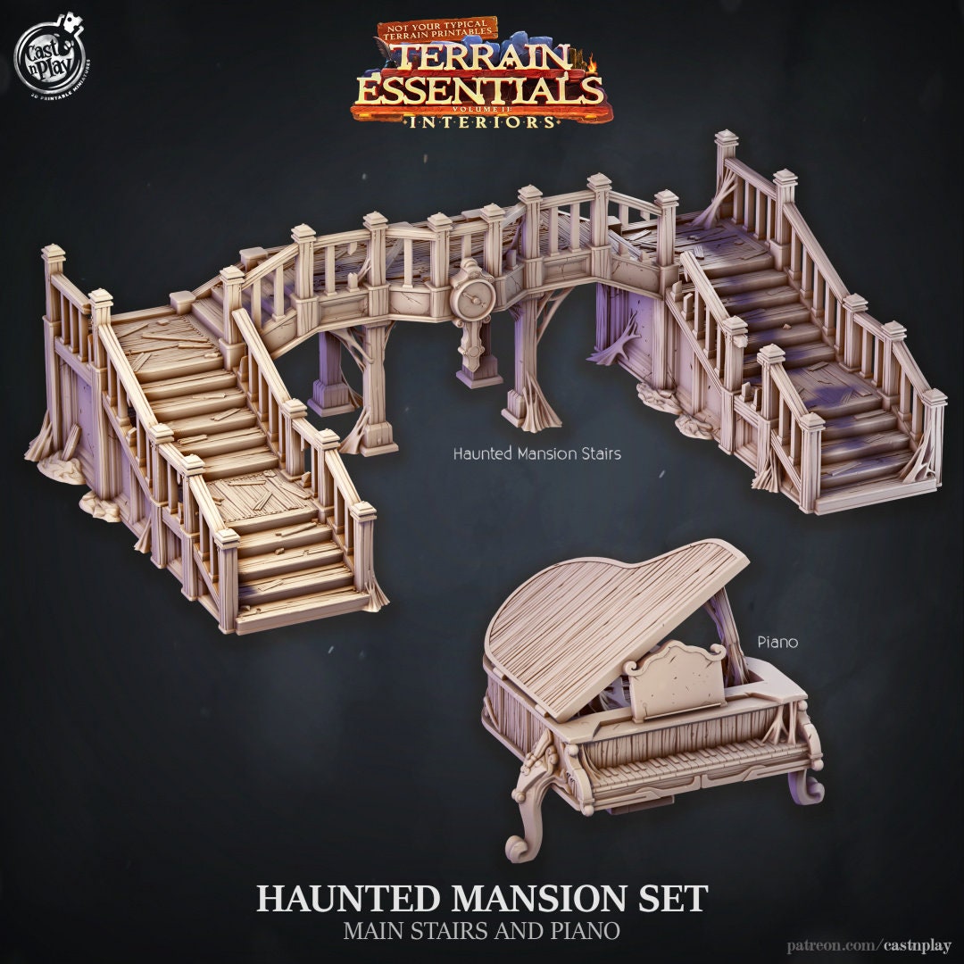 Haunted Mansion Main Stairs and Piano | RPG Miniature for Dungeons and Dragons|Pathfinder|Tabletop | Scatter Terrain | Cast N Play